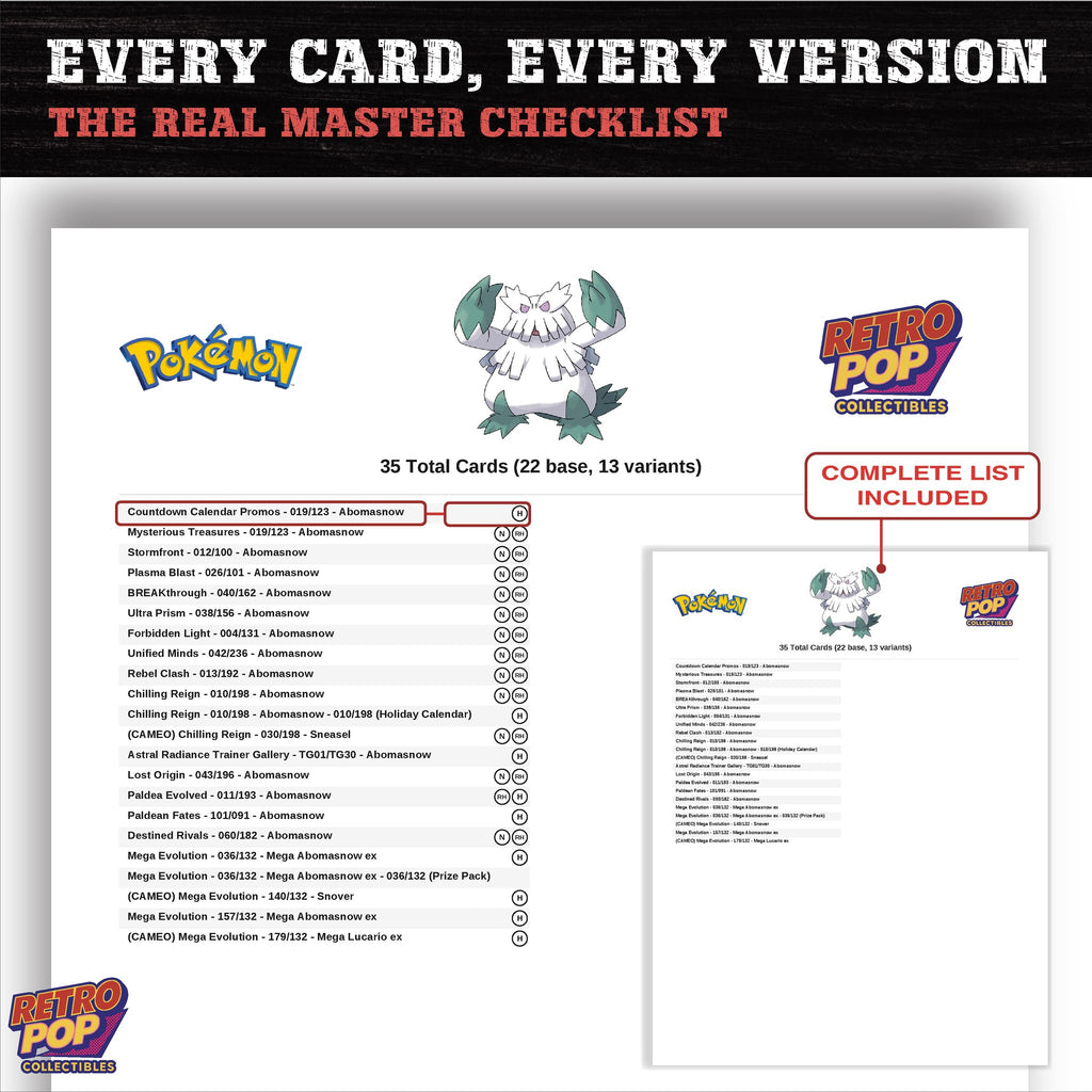 Abomasnow master set checklist PDF preview - every card listed