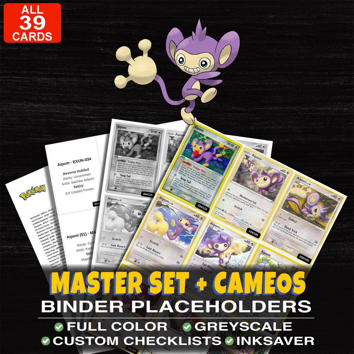 Every Aipom Pokemon card ever made - master set binder placeholders with Aipom