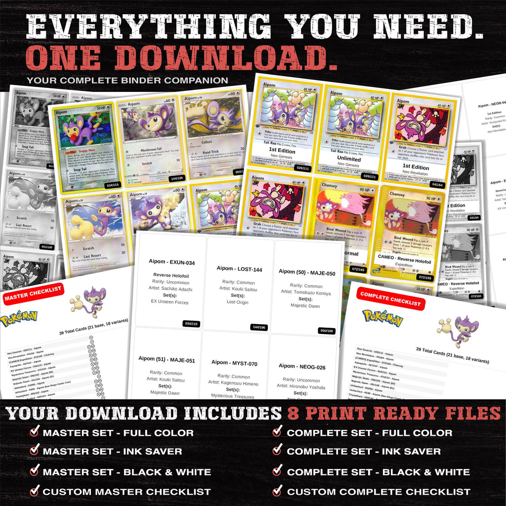 Everything included in the Aipom master set download - 8 PDF files