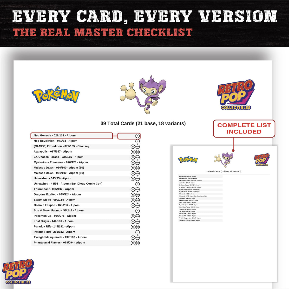 Aipom master set checklist PDF preview - every card listed