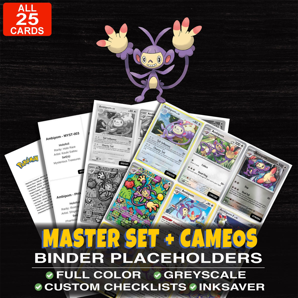 Every Ambipom Pokemon card ever made - master set binder placeholders with Ambipom