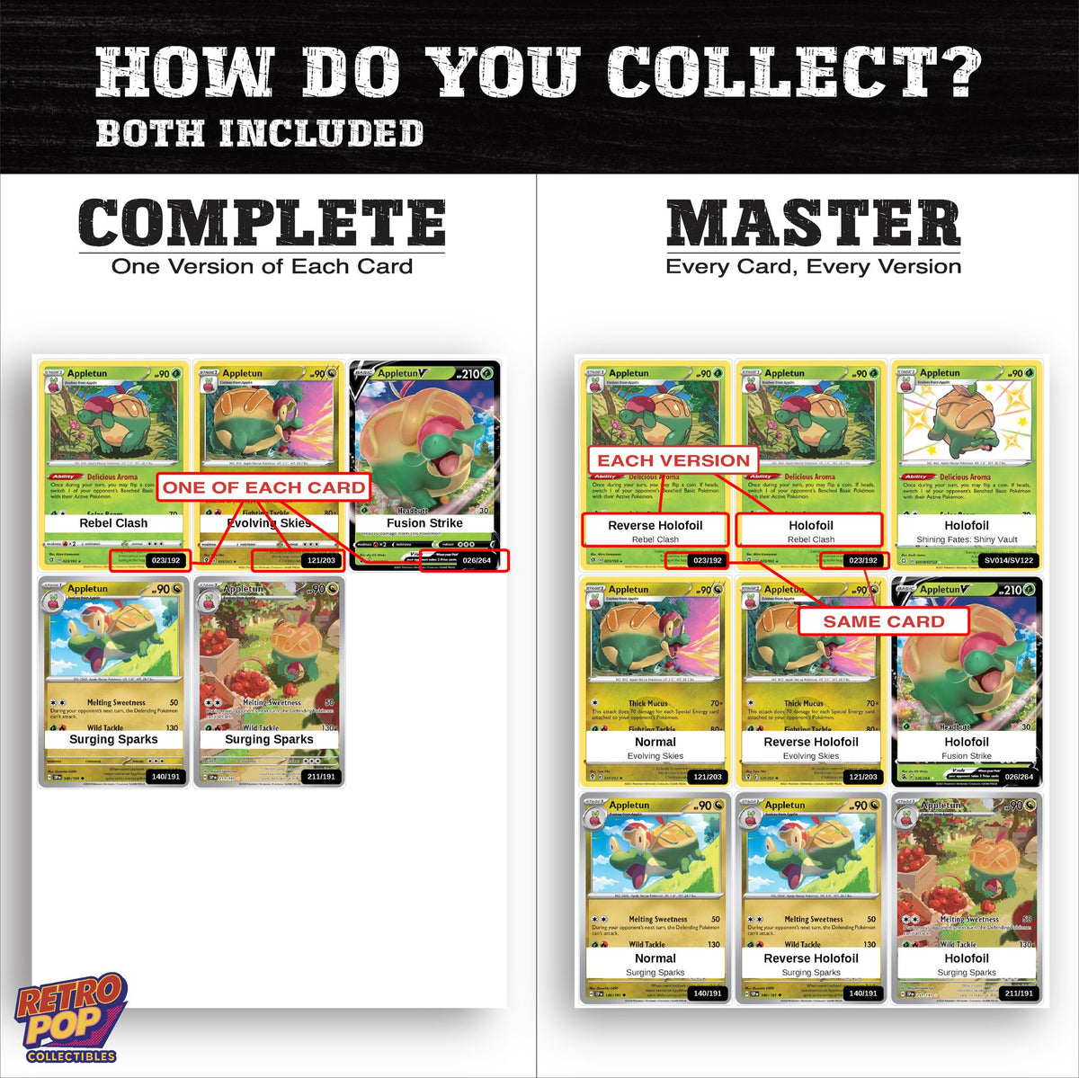 Complete Set vs Master Set versions of the Appletun binder placeholders