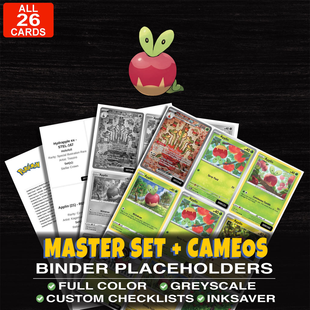 Every Applin Pokemon card ever made - master set binder placeholders with Applin
