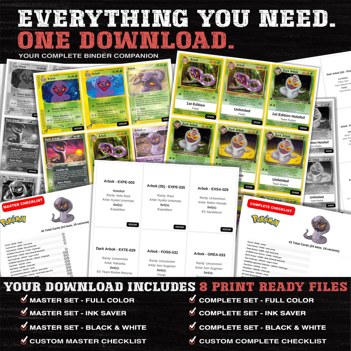Everything included in the Arbok master set download - 8 PDF files