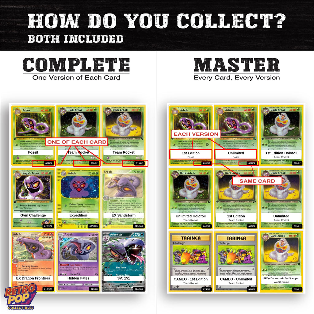 Complete Set vs Master Set versions of the Arbok binder placeholders