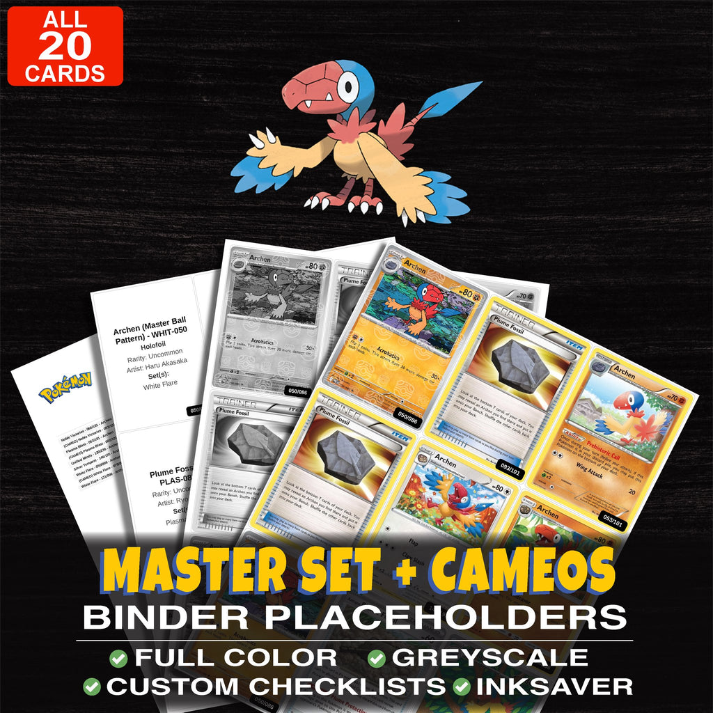 Every Archen Pokemon card ever made - master set binder placeholders with Archen