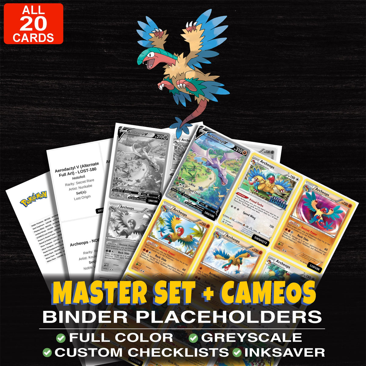 Every Archeops Pokemon card ever made - master set binder placeholders with Archeops