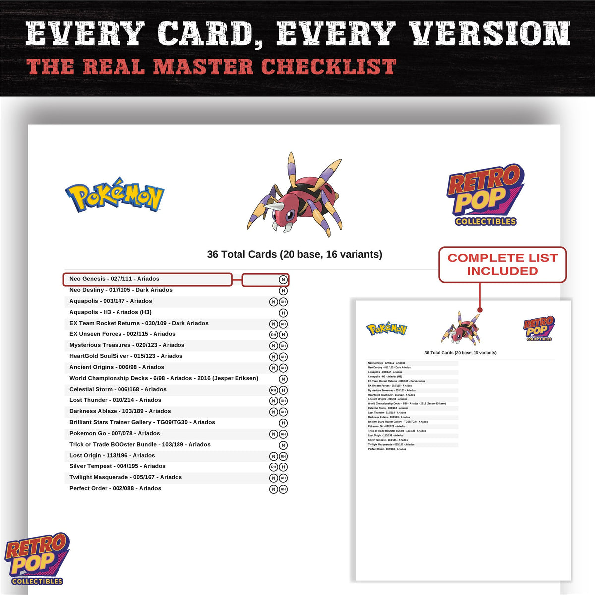 Ariados master set checklist PDF preview - every card listed