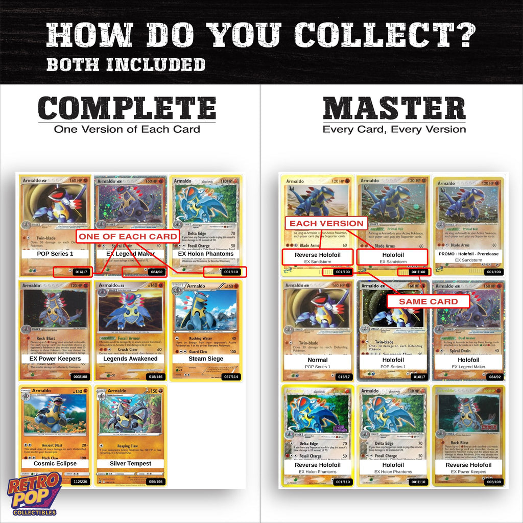 Complete Set vs Master Set versions of the Armaldo binder placeholders