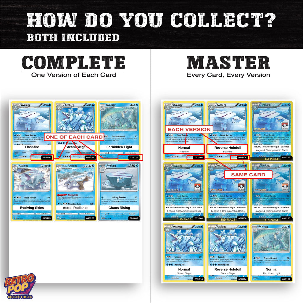 Complete Set vs Master Set versions of the Avalugg binder placeholders