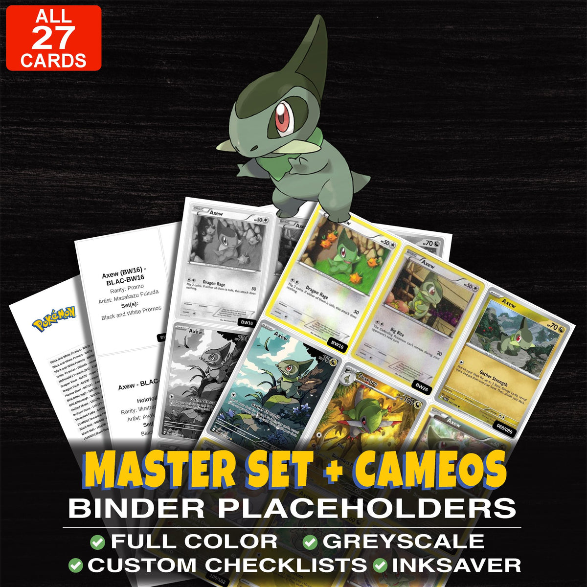 Every Axew Pokemon card ever made - master set binder placeholders with Axew (BW16)
