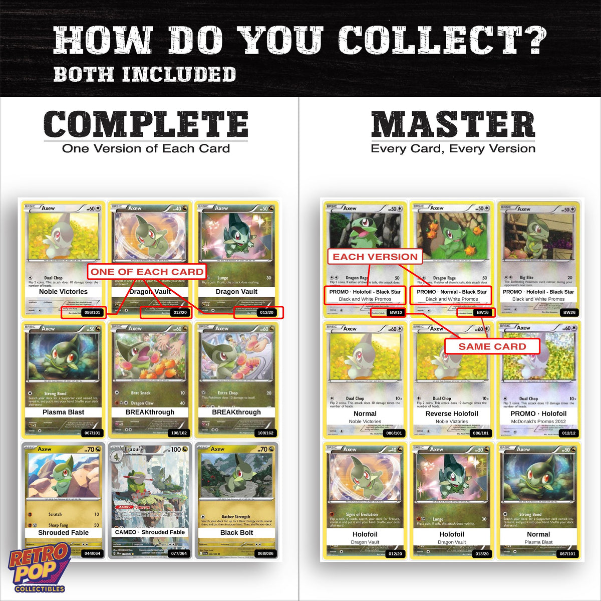 Complete Set vs Master Set versions of the Axew binder placeholders