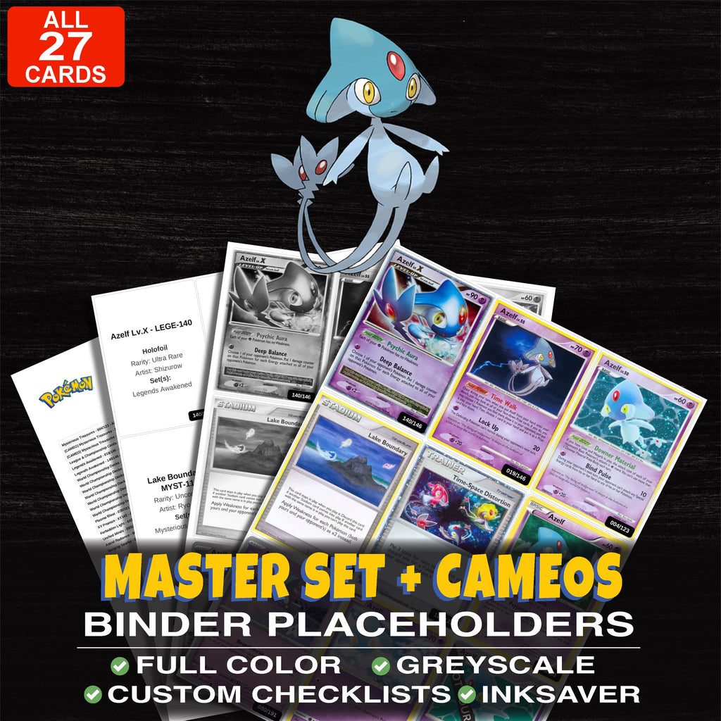 Every Azelf Pokemon card ever made - master set binder placeholders with Azelf Lv.X