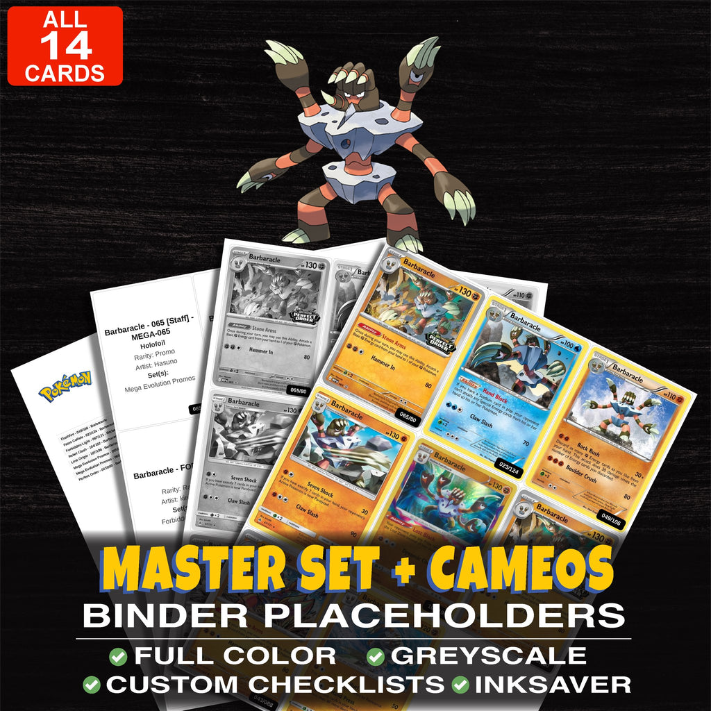 Every Barbaracle Pokemon card ever made - master set binder placeholders with Barbaracle