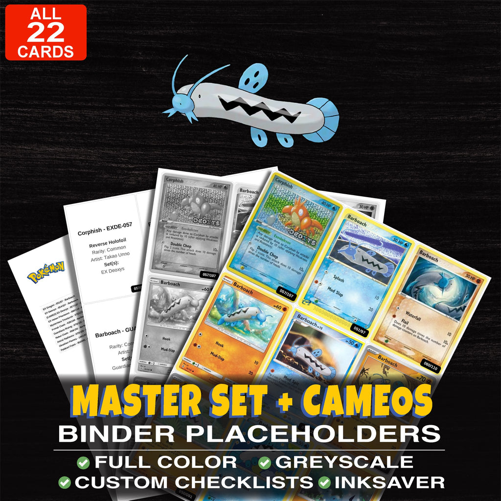 Every Barboach Pokemon card ever made - master set binder placeholders with Barboach