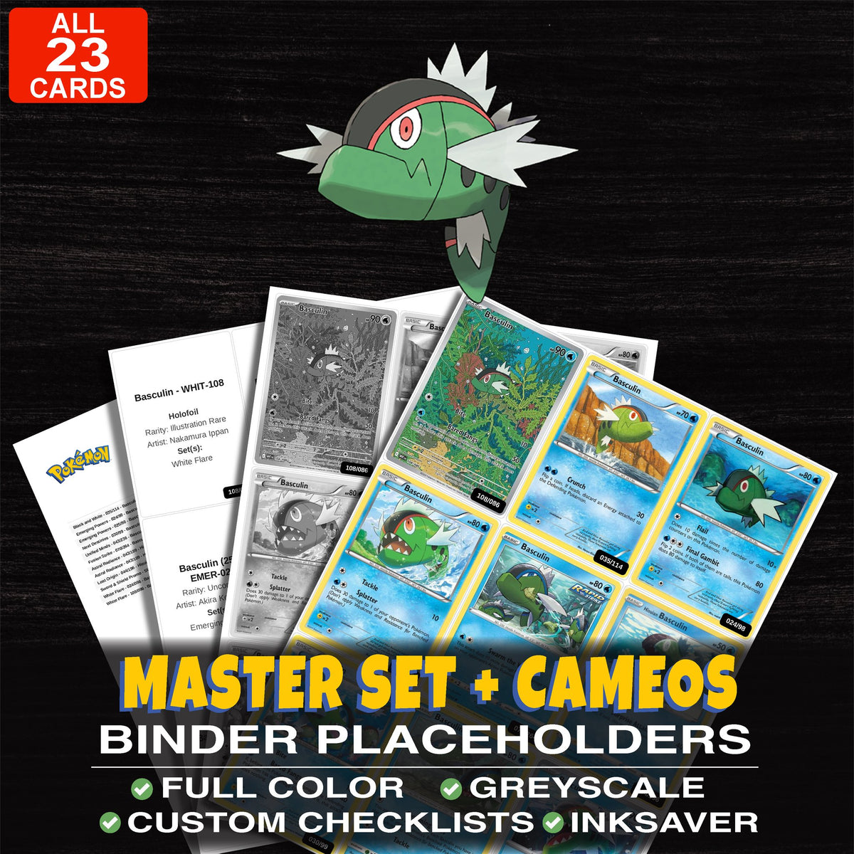 Every Basculin Pokemon card ever made - master set binder placeholders with Basculin