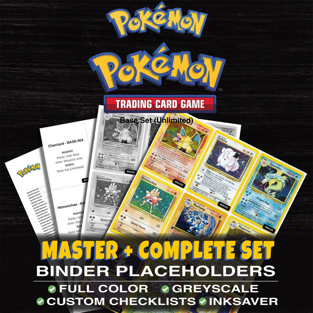 Base Set Unlimited Pokemon binder placeholders printable PDF - includes Charizard