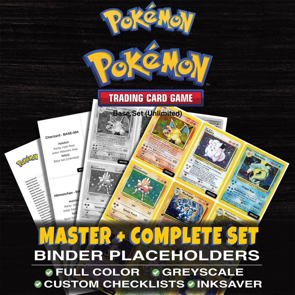 Base Set Unlimited Pokemon binder placeholders printable PDF - includes Charizard