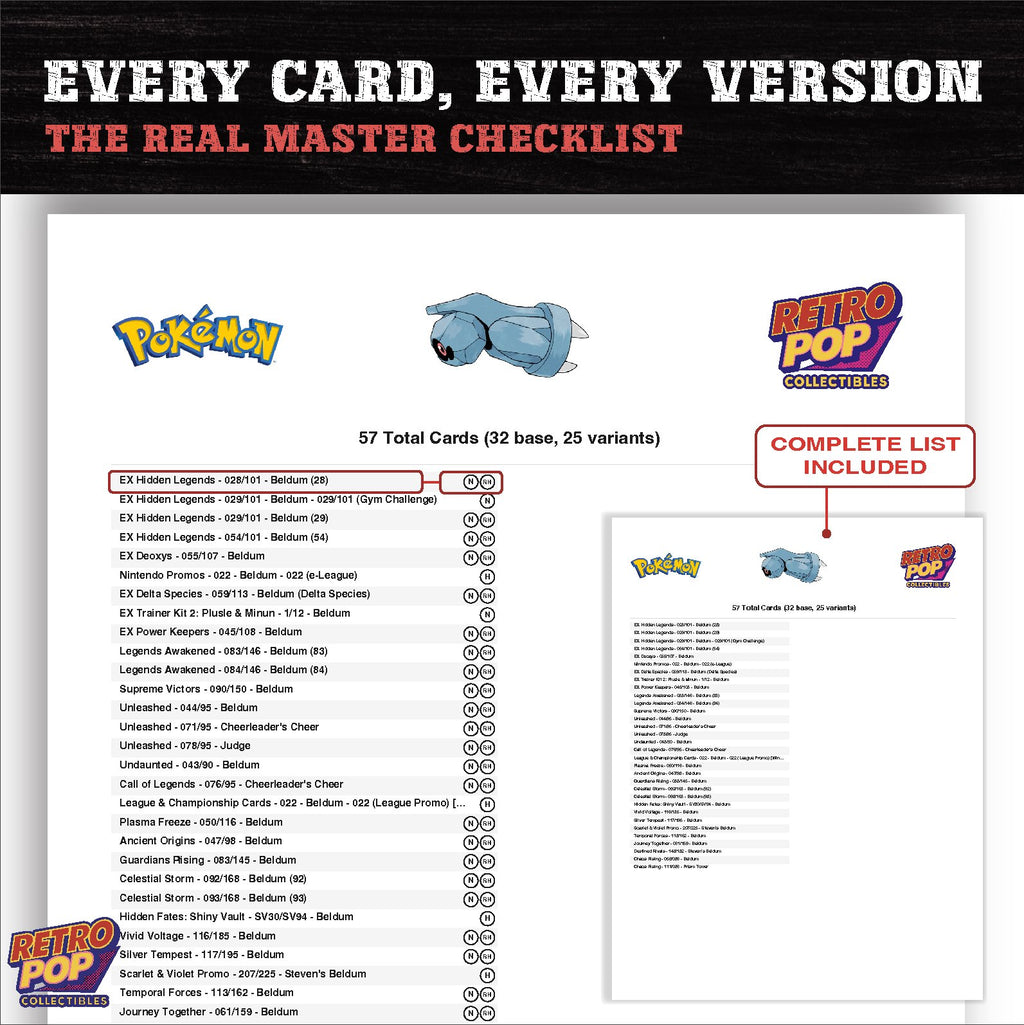 Beldum master set checklist PDF preview - every card listed