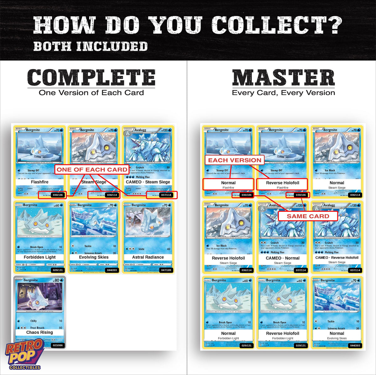 Complete Set vs Master Set versions of the Bergmite binder placeholders
