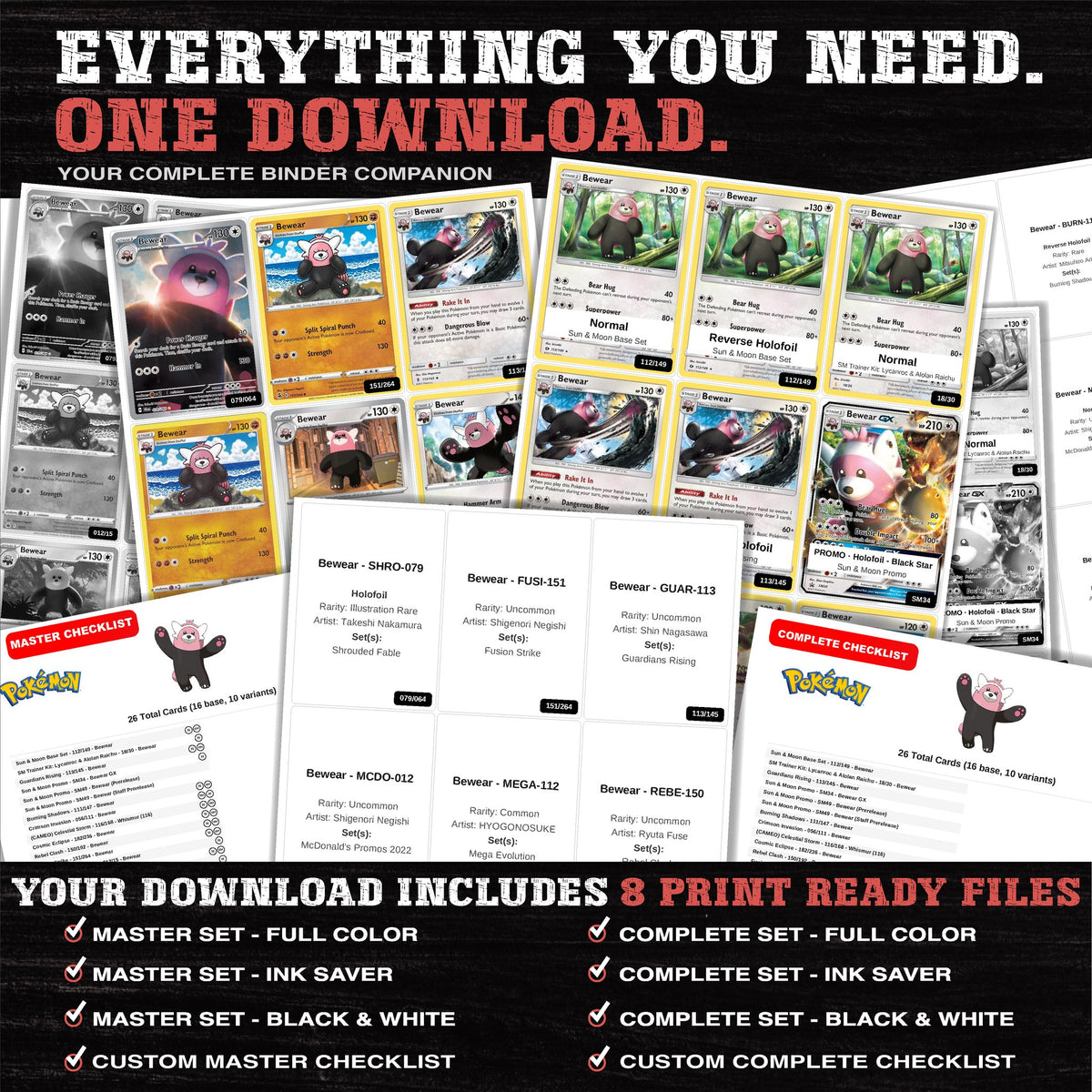 Everything included in the Bewear master set download - 8 PDF files