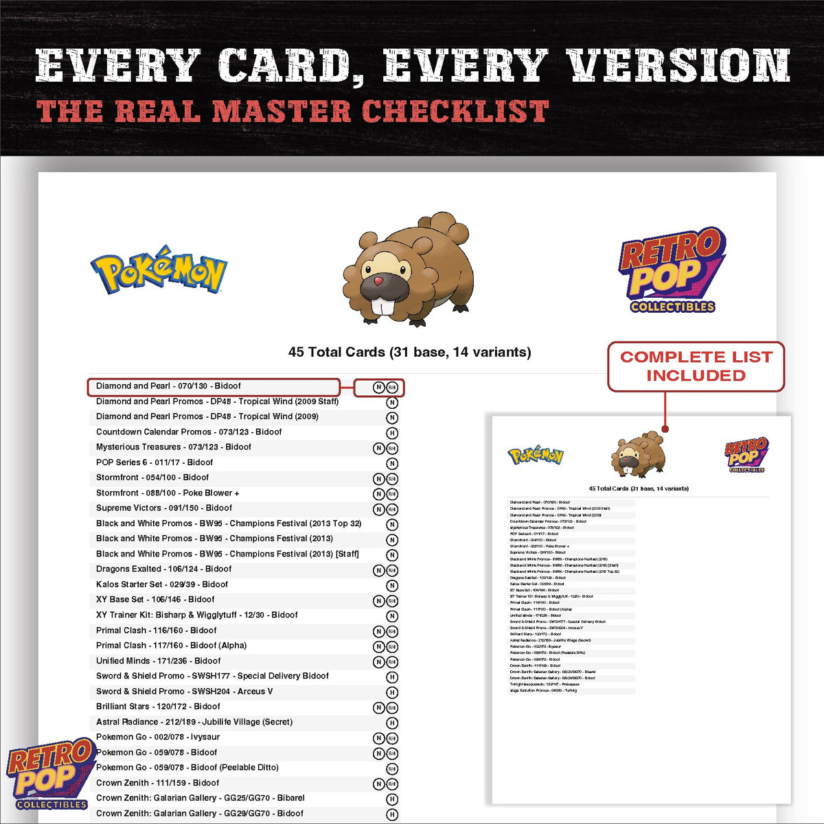 Bidoof master set checklist PDF preview - every card listed