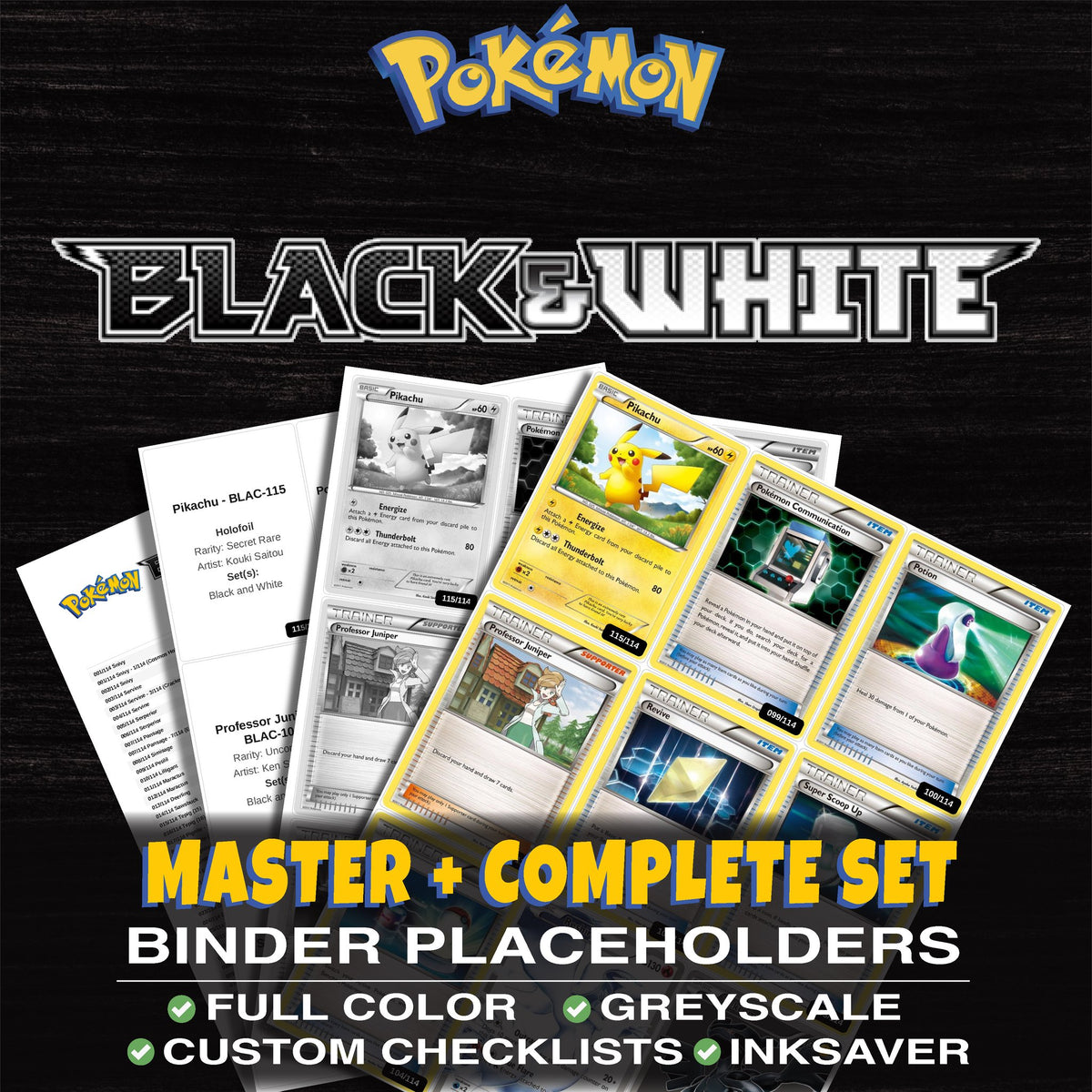 Black and White Pokemon binder placeholders printable PDF - includes Pikachu