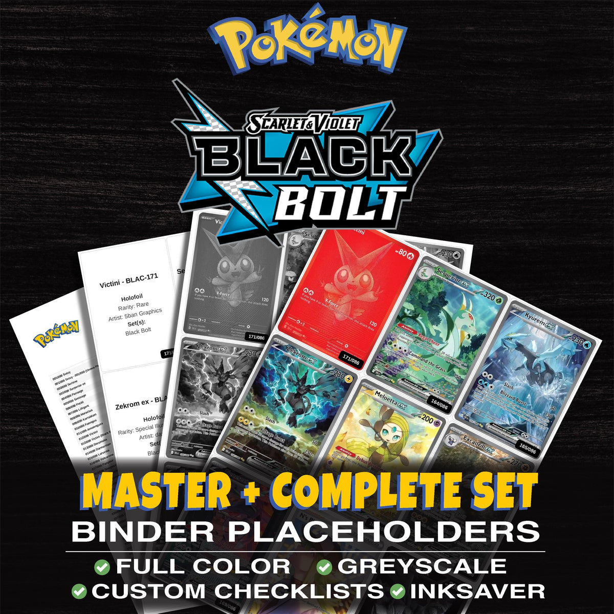 Black Bolt Pokemon binder placeholders printable PDF - includes Victini
