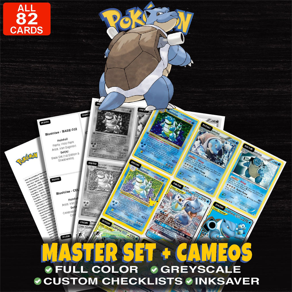 Every Blastoise Pokemon card ever made - master set binder placeholders with Blastoise