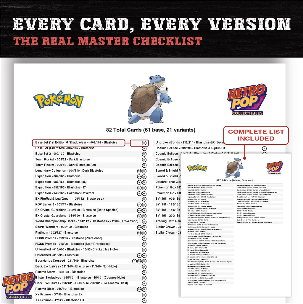 Blastoise master set checklist PDF preview - every card listed