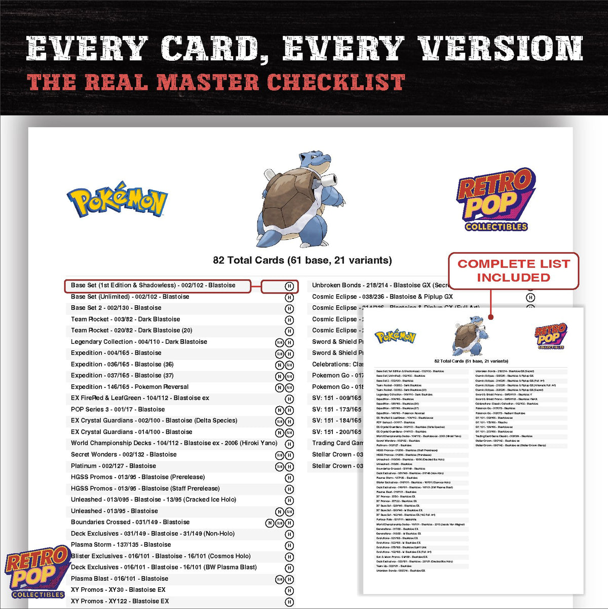 Blastoise master set checklist PDF preview - every card listed