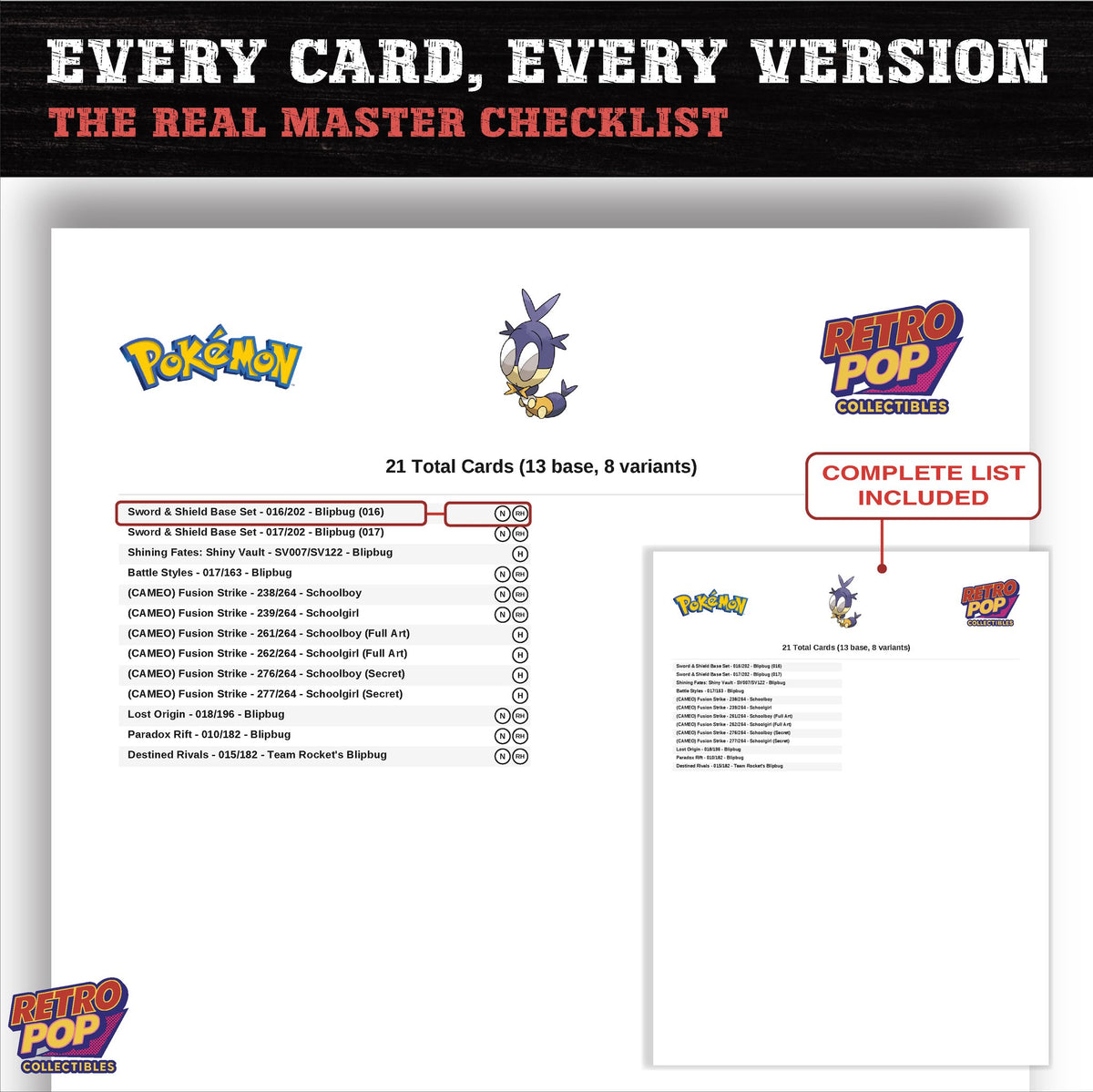 Blipbug master set checklist PDF preview - every card listed
