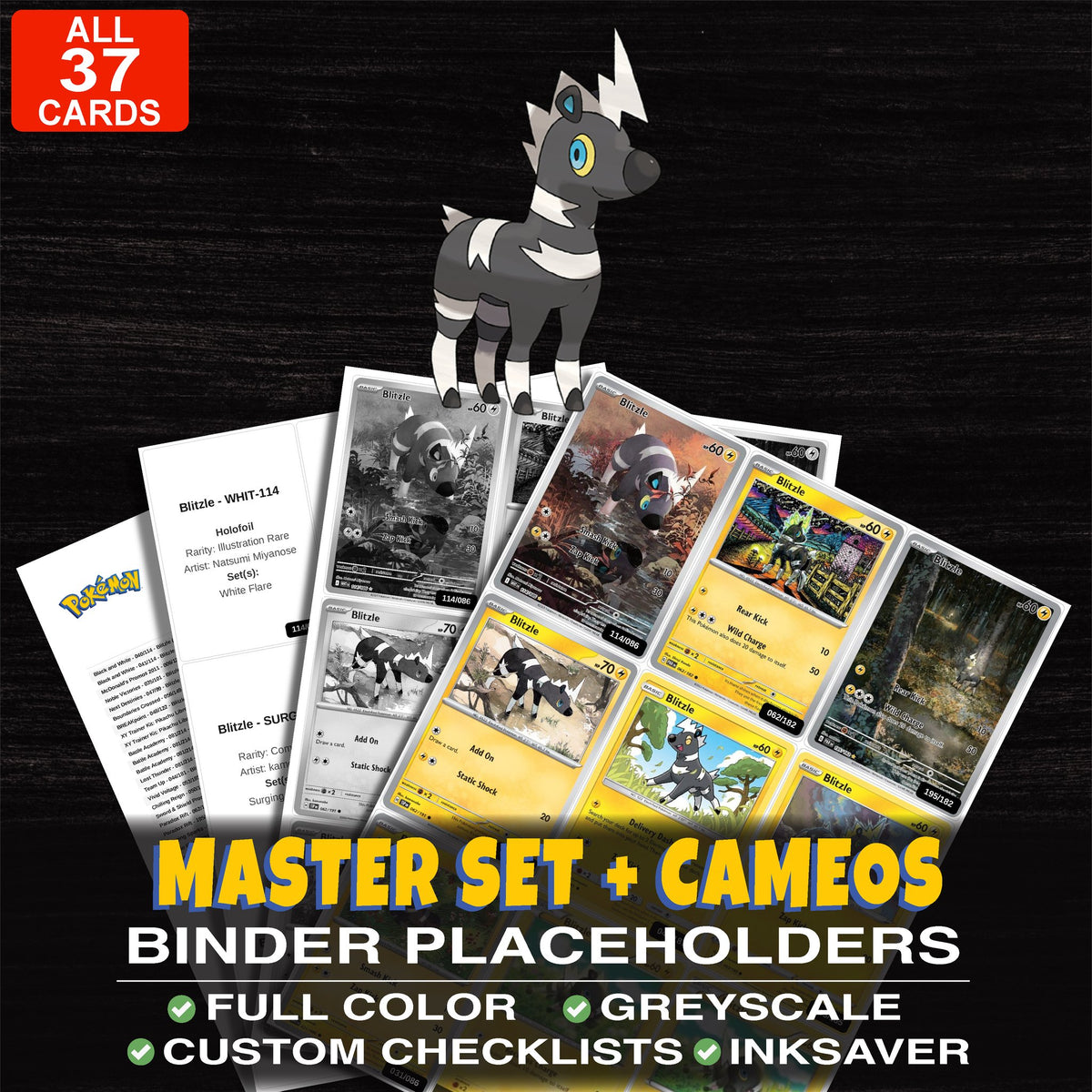 Every Blitzle Pokemon card ever made - master set binder placeholders with Blitzle