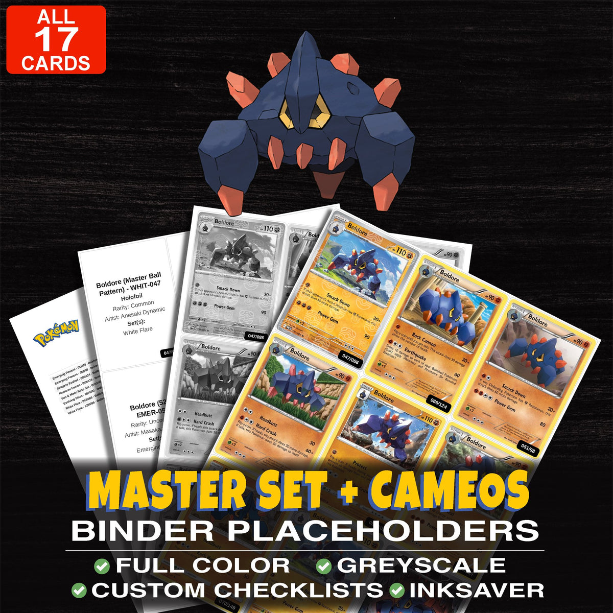 Every Boldore Pokemon card ever made - master set binder placeholders with Boldore