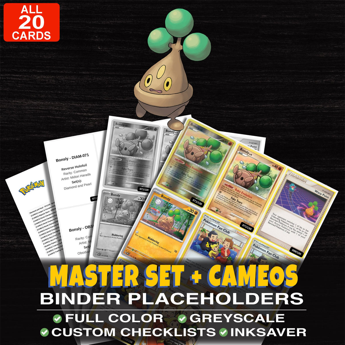 Every Bonsly Pokemon card ever made - master set binder placeholders with Bonsly