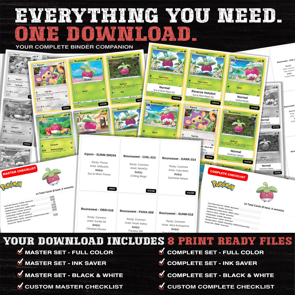 Everything included in the Bounsweet master set download - 8 PDF files