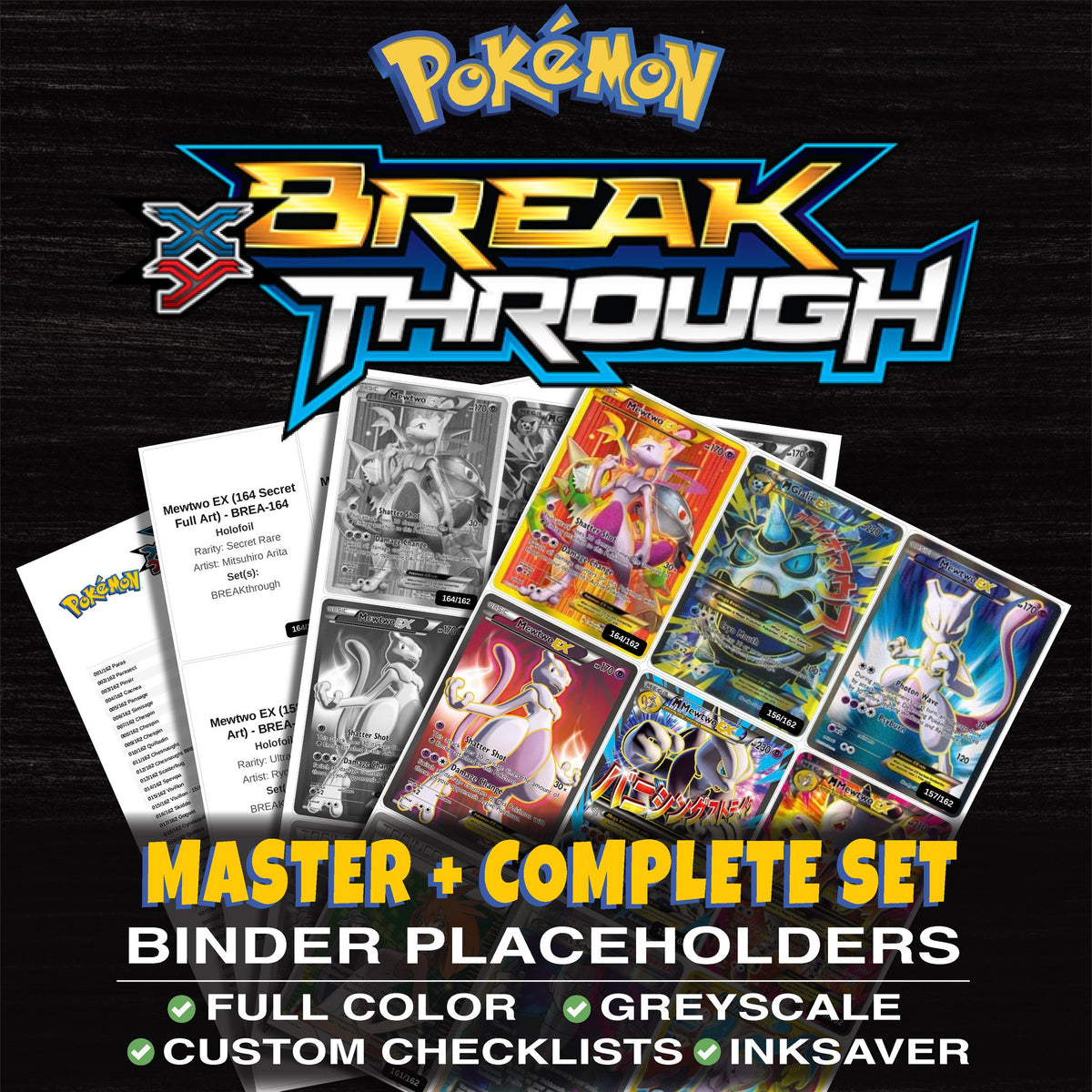 BREAKthrough Pokemon binder placeholders printable PDF - includes Mewtwo EX (164 Secret Full Art)