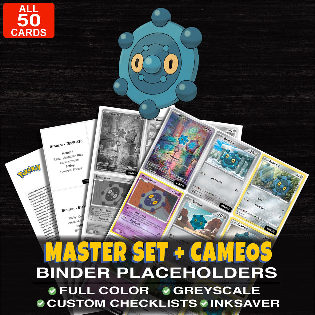 Every Bronzor Pokemon card ever made - master set binder placeholders with Bronzor