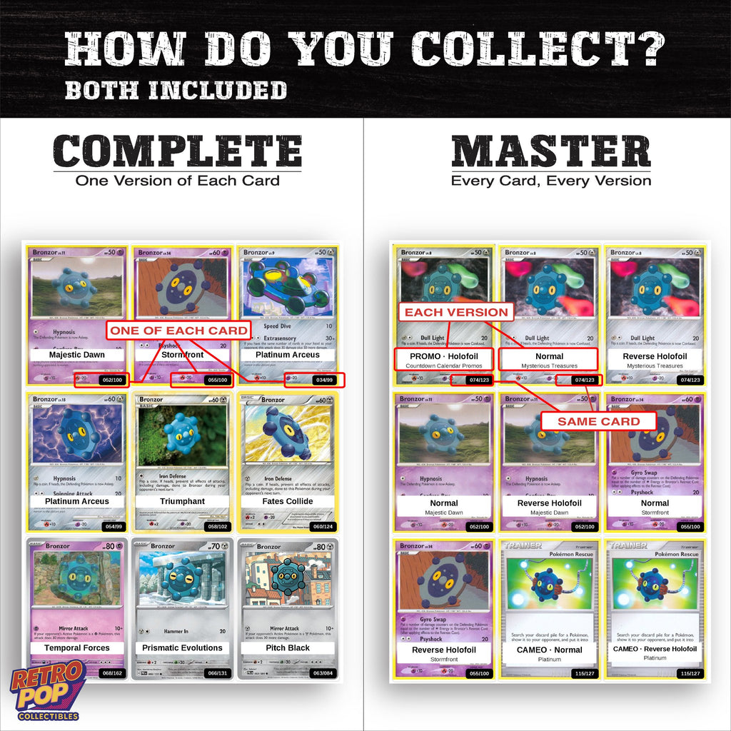 Complete Set vs Master Set versions of the Bronzor binder placeholders