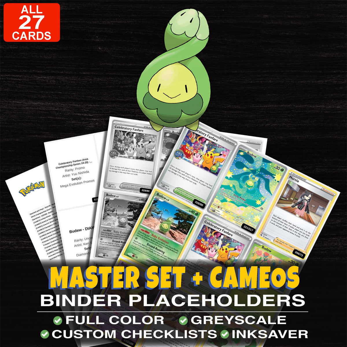 Every Budew Pokemon card ever made - master set binder placeholders with Budew
