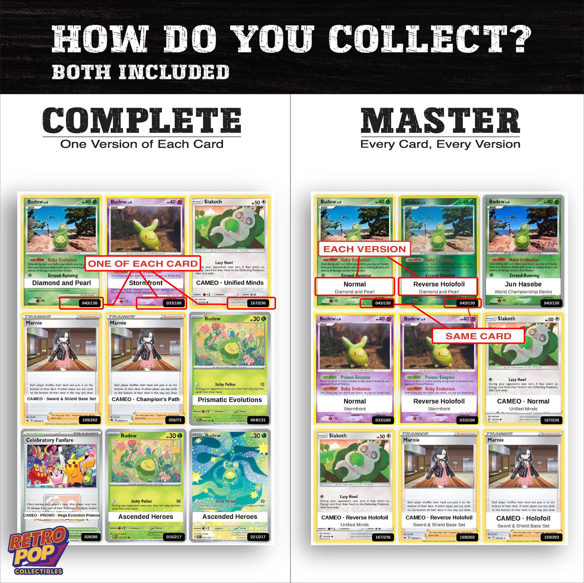 Complete Set vs Master Set versions of the Budew binder placeholders