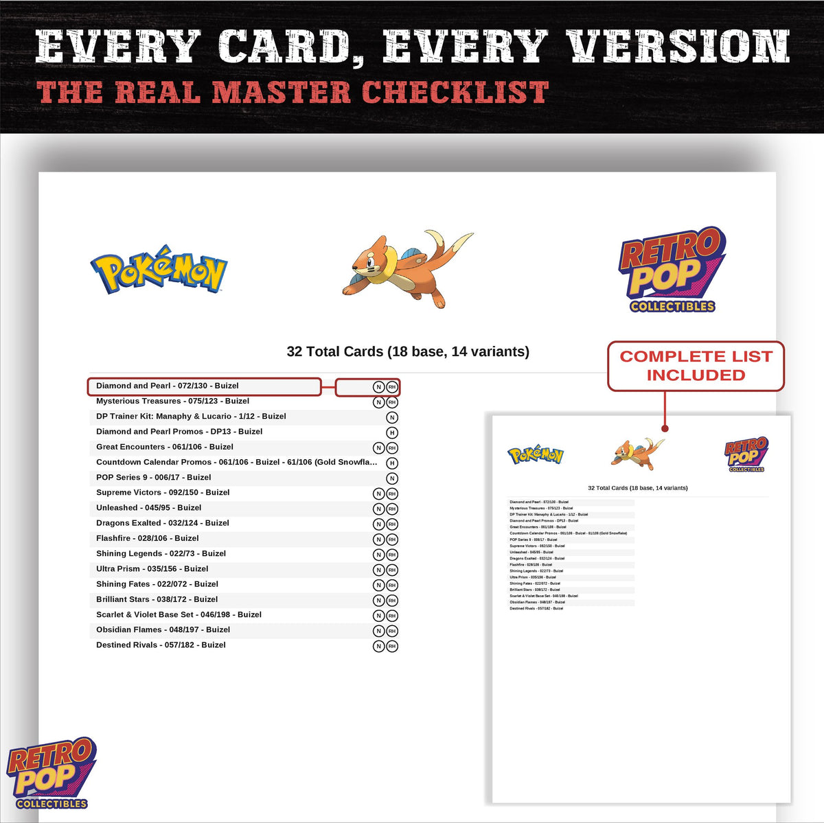 Buizel master set checklist PDF preview - every card listed