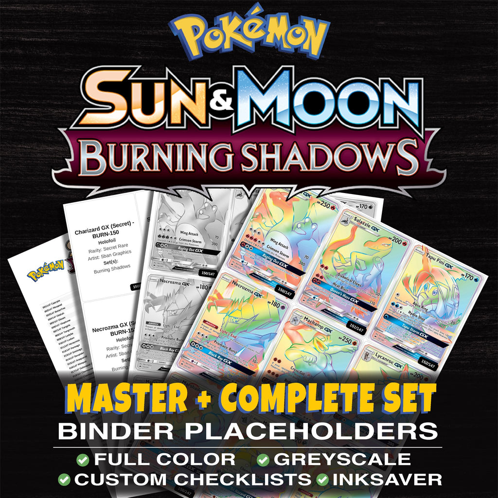 Burning Shadows Pokemon binder placeholders printable PDF - includes Charizard GX (Secret)