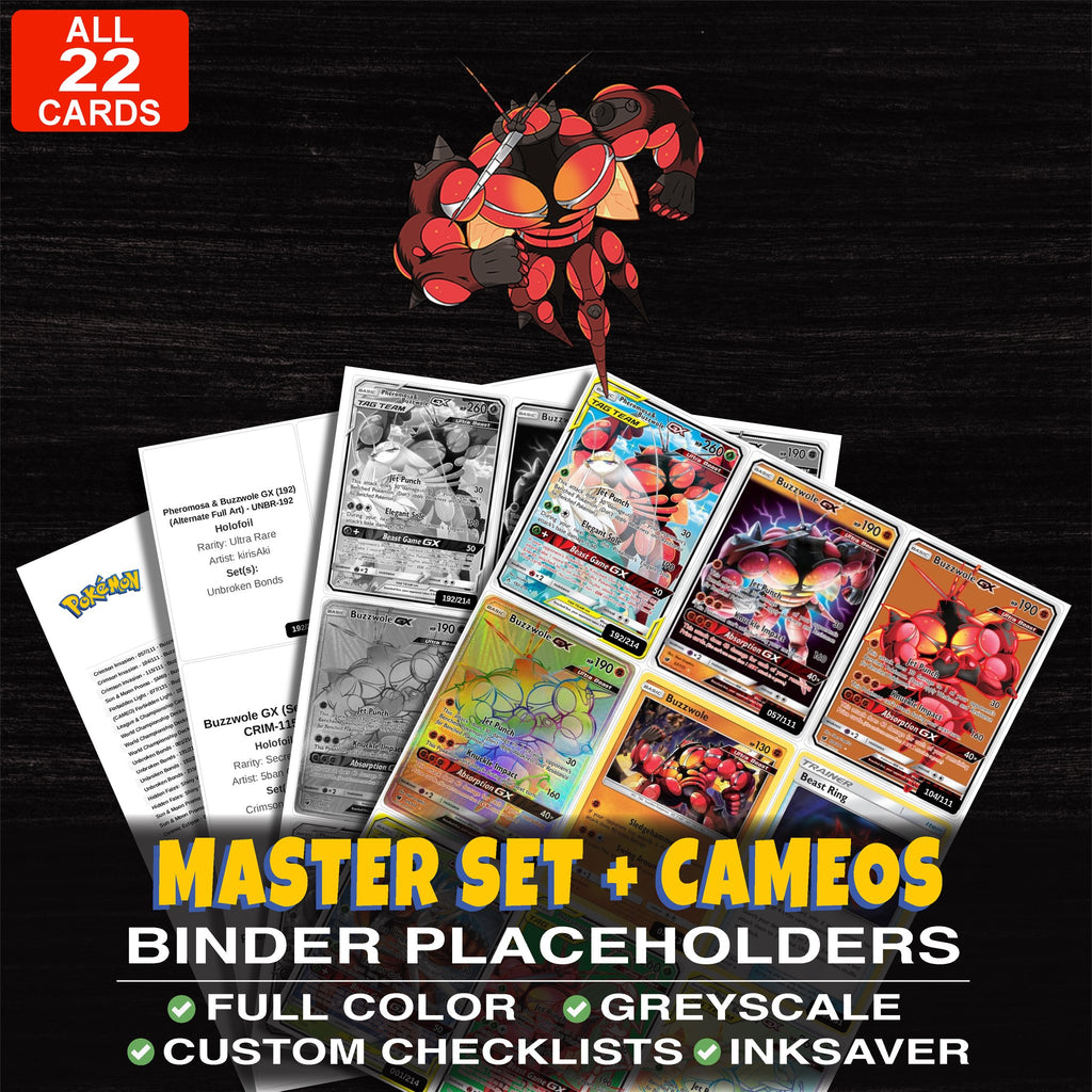 Every Buzzwole Pokemon card ever made - master set binder placeholders with Pheromosa & Buzzwole GX (192) (Alternate Full Art