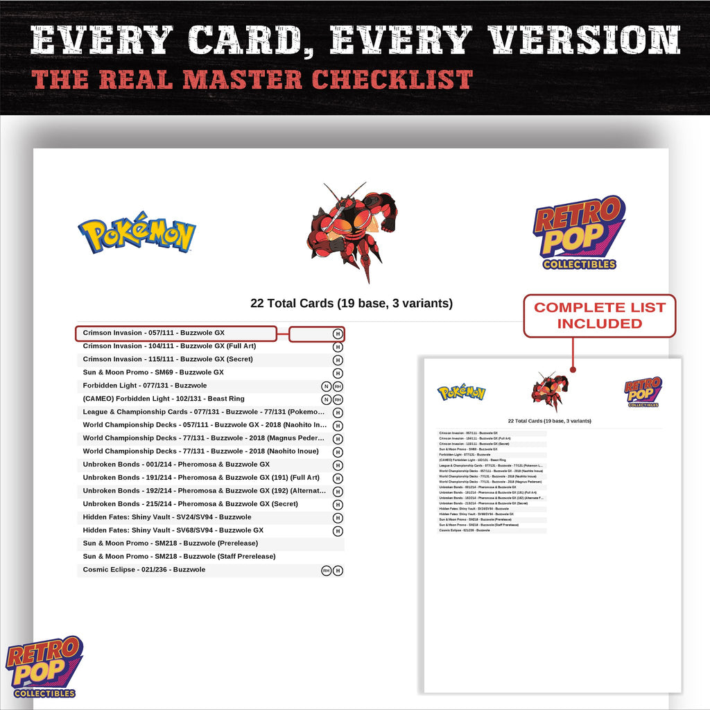 Buzzwole master set checklist PDF preview - every card listed
