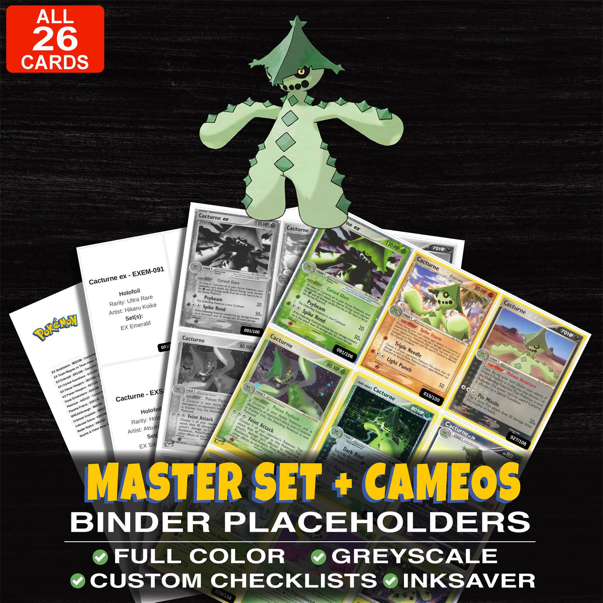 Every Cacturne Pokemon card ever made - master set binder placeholders with Cacturne ex