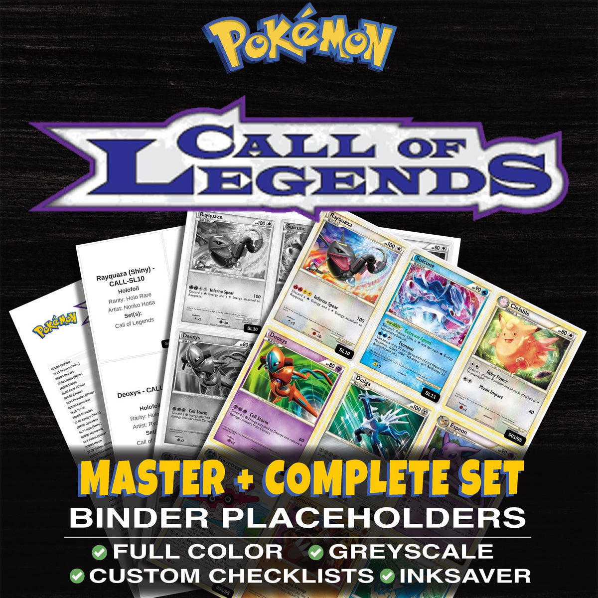 Call of Legends Pokemon binder placeholders printable PDF - includes Rayquaza (Shiny)
