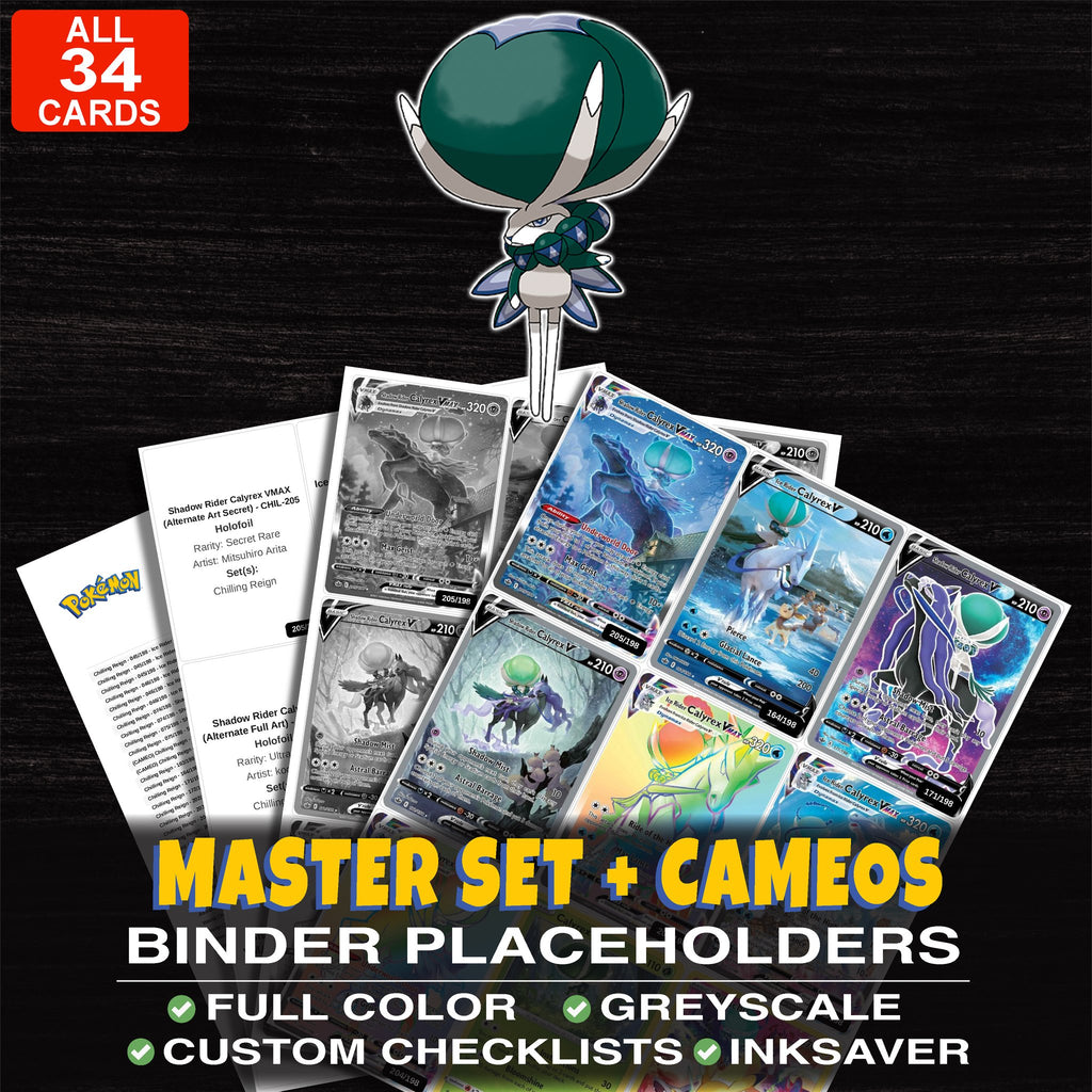 Every Calyrex Pokemon card ever made - master set binder placeholders with Shadow Rider Calyrex VMAX (Alternate Art Secret)
