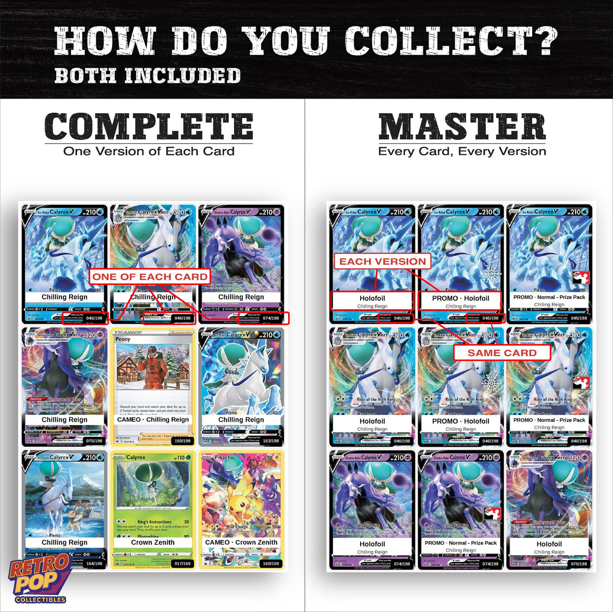 Complete Set vs Master Set versions of the Calyrex binder placeholders