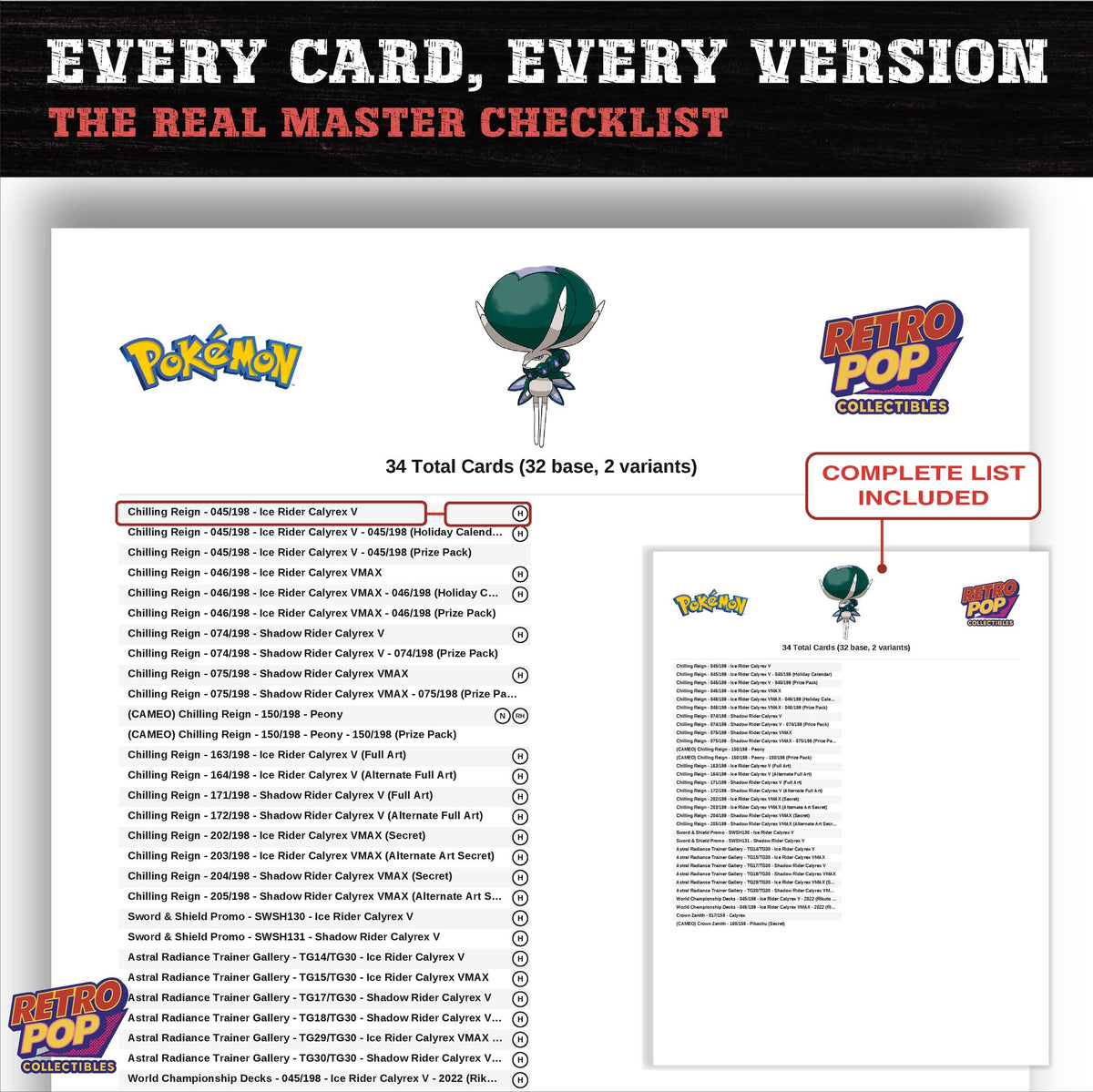 Calyrex master set checklist PDF preview - every card listed